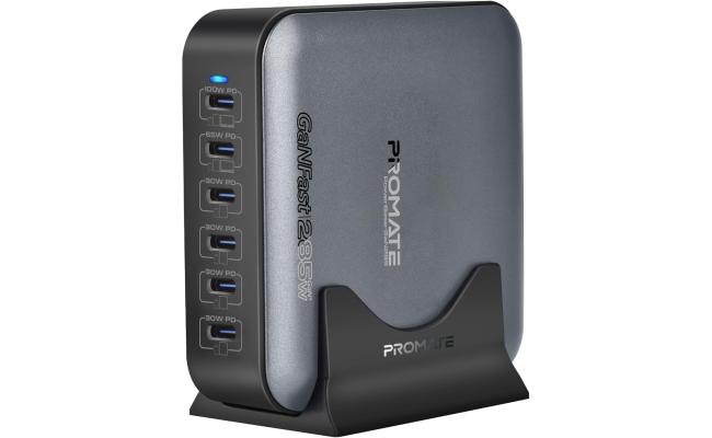 Promate PowerBase-GaN285 285W GaN Charging Station, 6-Port USB-C Desktop Charger with PPS, 100W/65W/30W Outputs, Overheat Protection, Stand and 1.5M Cable, for MacBook, iPhone, Galaxy - Black